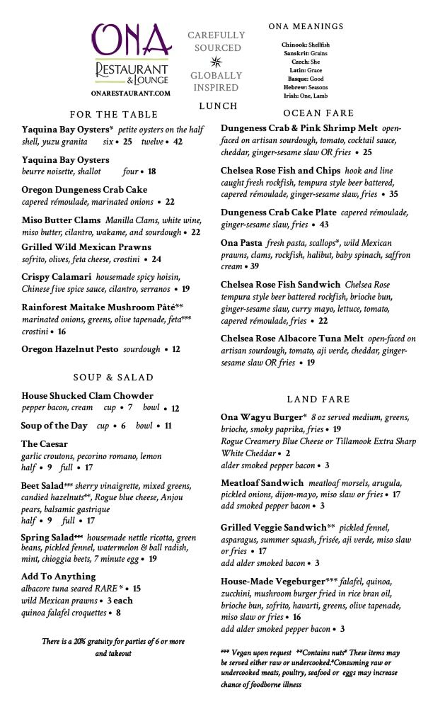 Sample Lunch menu for Ona Restaurant, Yachats OR